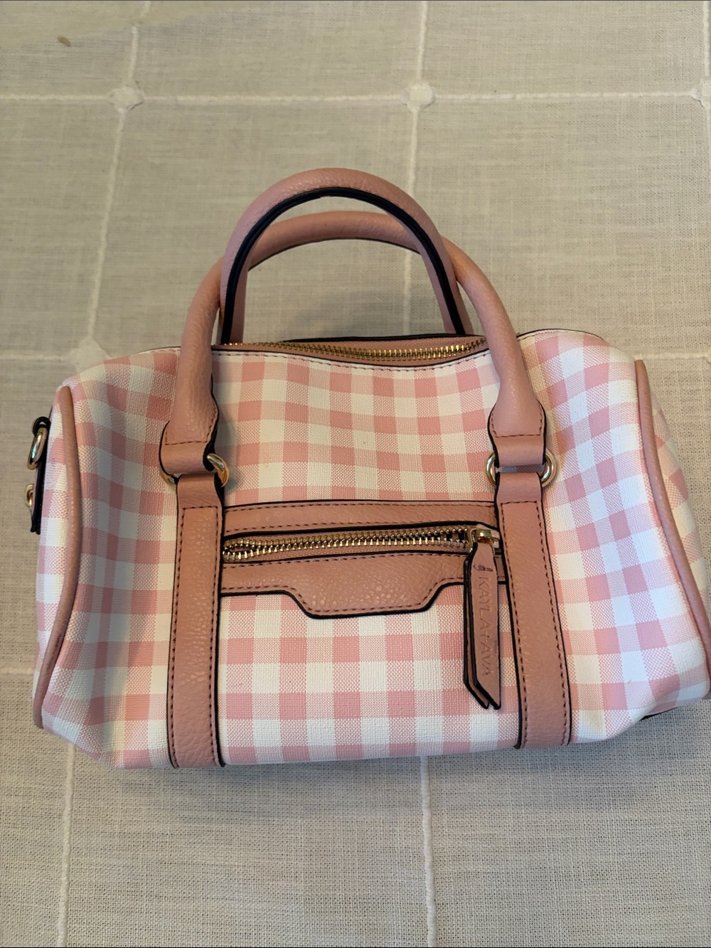 Pink Gingham Satchel with Leather Trim